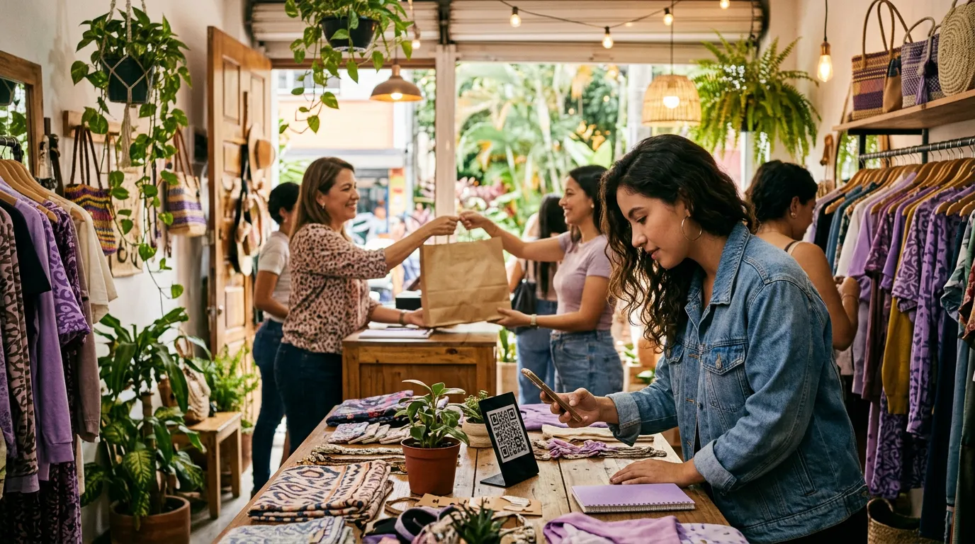 Clienta escaneando el código QR de la mesa en una boutique llena, mientras la dueña entrega una compra