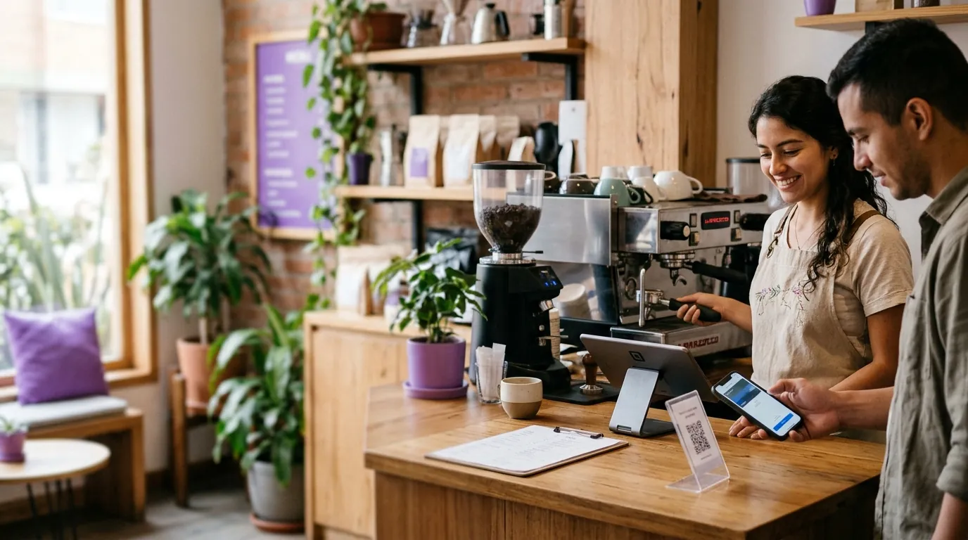 Mostrador de una cafetería con un código QR junto a la caja y un cliente pagando con el celular