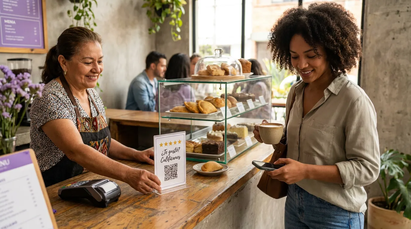 Dueña de un café poniendo en el mostrador un aviso con QR para calificar el lugar