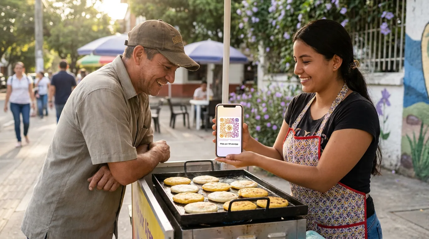 Dueña de un puesto de arepas mostrándole a un cliente su nuevo QR, con su logo y el botón Pide por WhatsApp