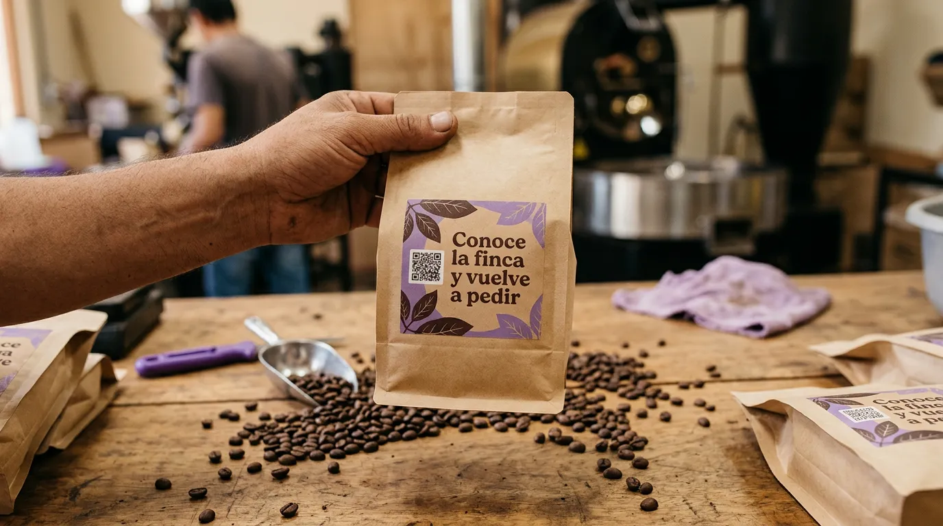 Bolsa de café con un QR en la etiqueta que invita a conocer la finca y volver a pedir