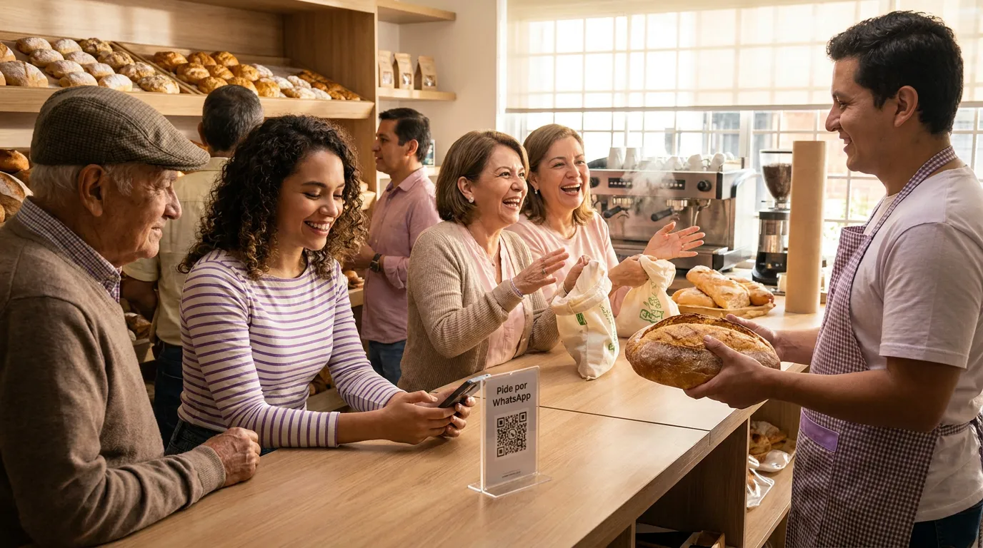 Panadería llena de gente conversando; una clienta escanea el QR para pedir por WhatsApp