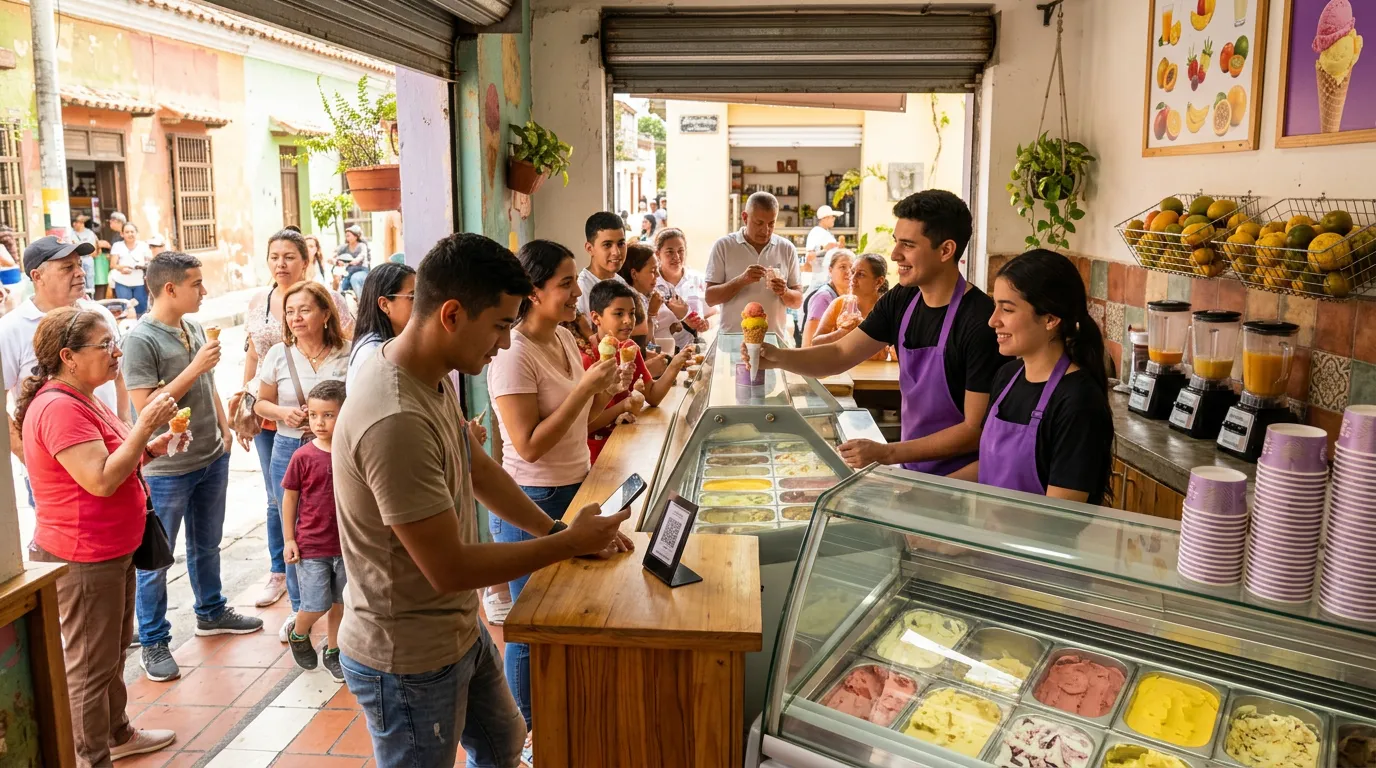 Fila de clientes en una heladería mientras uno escanea el código QR del mostrador