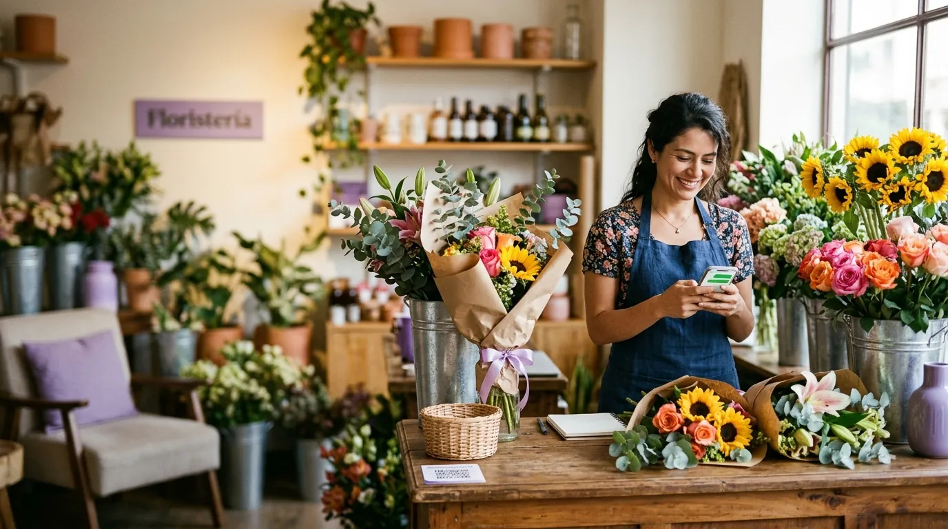 Dueña de una floristería leyendo en el celular los pedidos que le llegan por WhatsApp